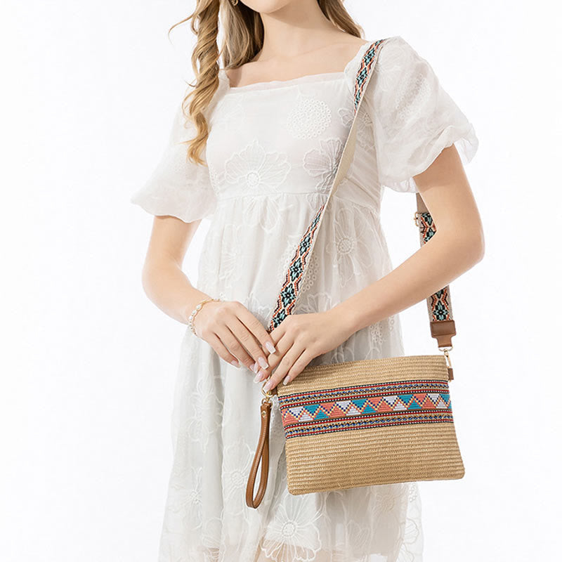 Colorful Geometry Boho Straw Woven Crossbody Bag 28cm