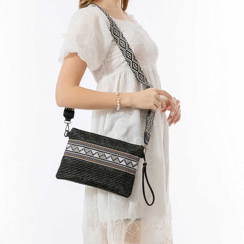 Colorful Geometry Boho Straw Woven Crossbody Bag 28cm