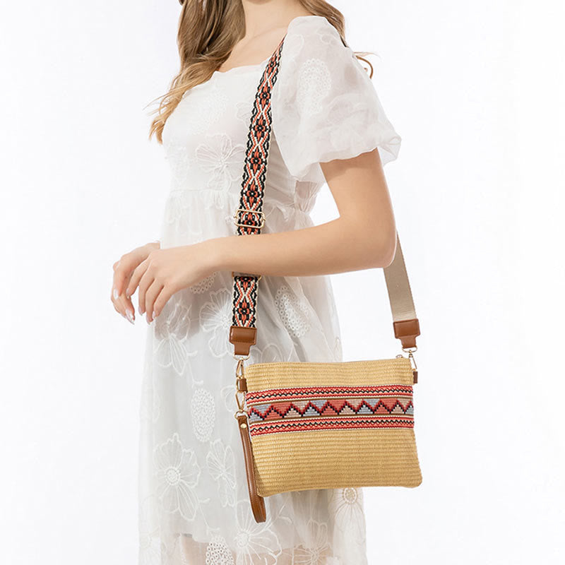 Colorful Geometry Boho Straw Woven Crossbody Bag 28cm
