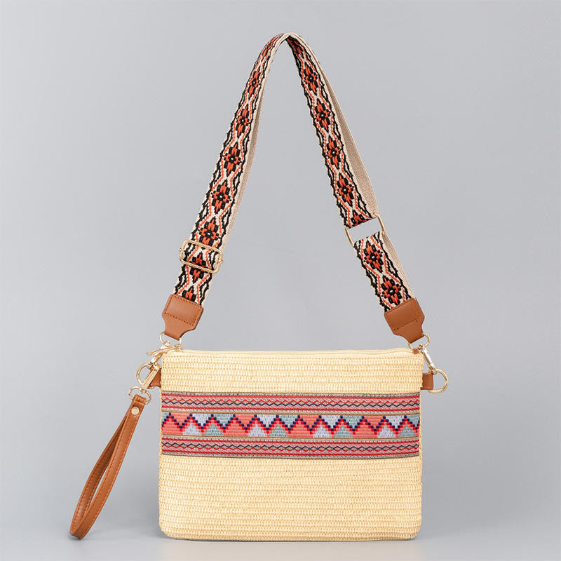 Colorful Geometry Boho Straw Woven Crossbody Bag 28cm