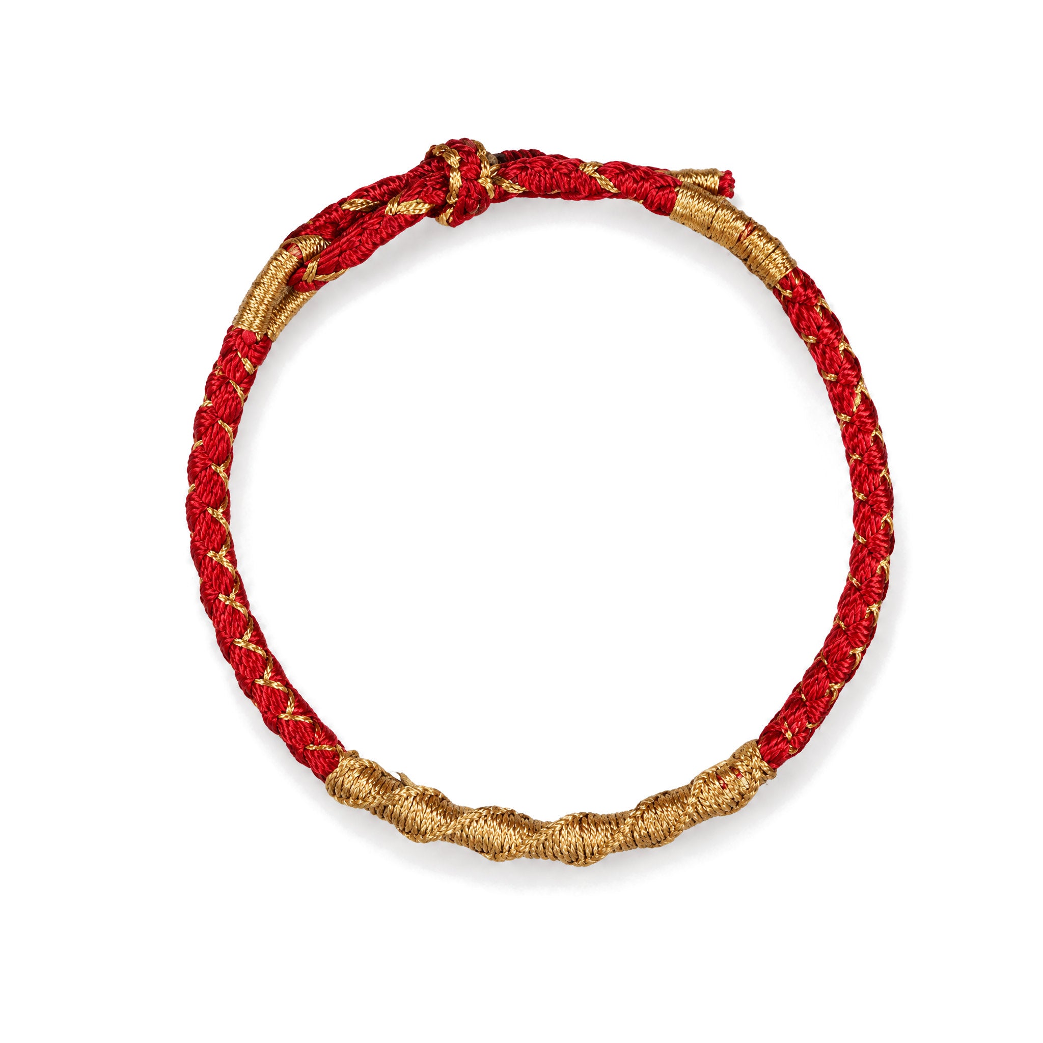 Colorful Gold Thread Tibetan Dragon Scale Knot Red String Bracelet, Gold & Red, on a white background