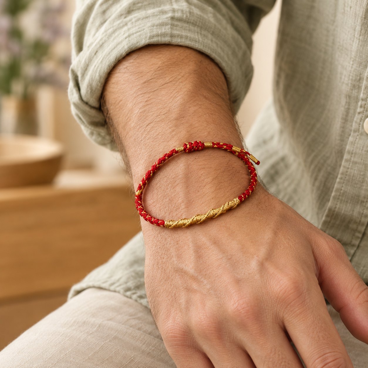 Colorful Gold Thread Tibetan Dragon Scale Knot Red String Bracelet, worn on the wrist by a man