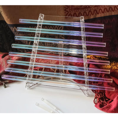 Clear glass test tubes in a rack with purple-blue gradient for Colorful Quartz Crystal Harp