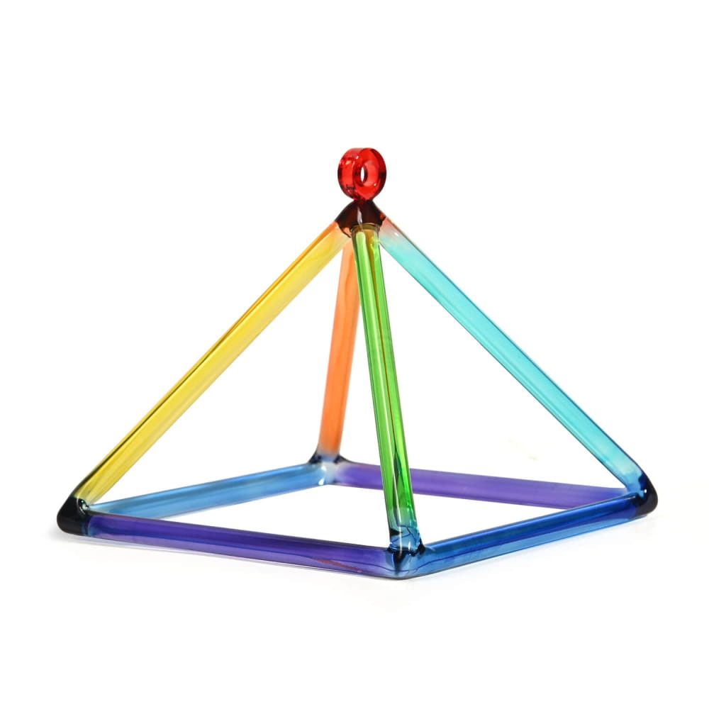 Colorful Quartz Crystal Singing Pyramid with magnetic rods in a vibrant pyramid shape