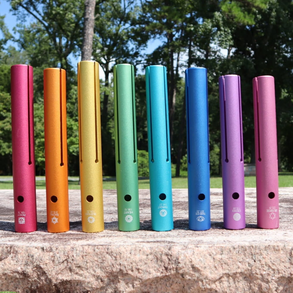 Colorful metal tubes in rainbow order for Complete Chakra Solfeggio Tubes healing