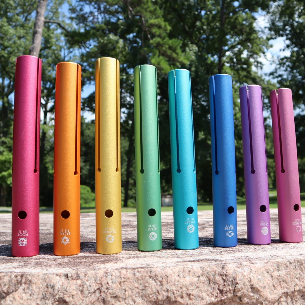Rainbow musical chime tubes arranged for healing with Complete Chakra Solfeggio Tubes