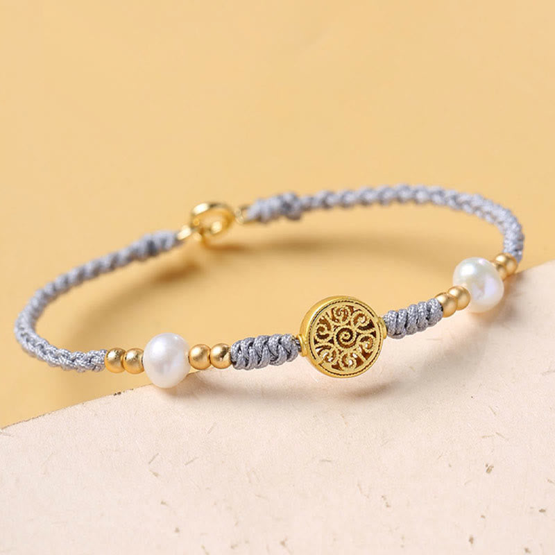 Copper Coin Tree of Life Bracelet with Pearl and Blue Rope