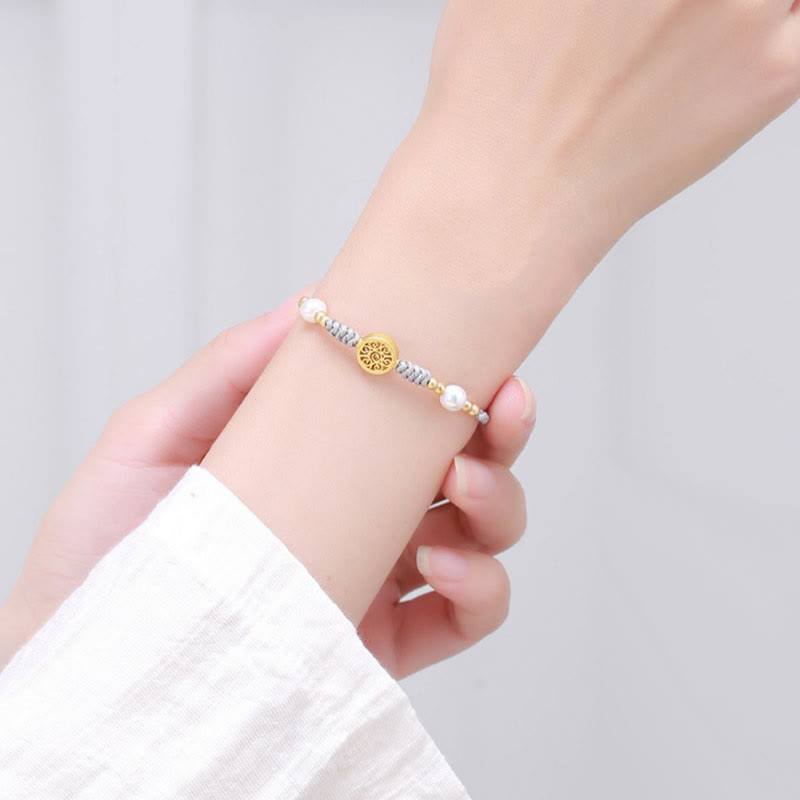 Copper Coin Tree of Life Bracelet with Pearl and Blue Rope