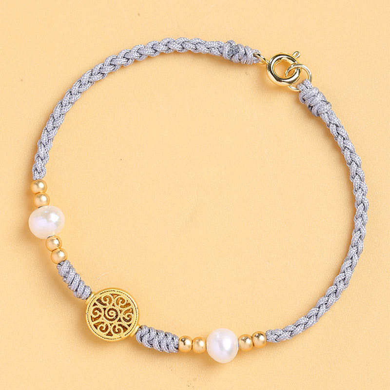 Copper Coin Tree of Life Bracelet with Pearl and Blue Rope