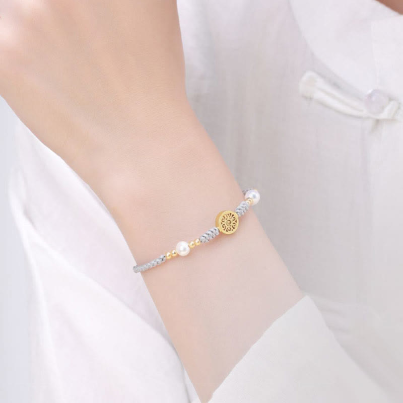 Copper Coin Tree of Life Bracelet with Pearl and Blue Rope