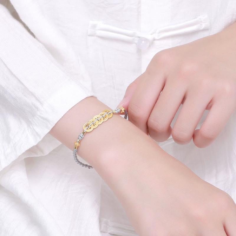 Copper Coin Tree of Life Bracelet with Pearl and Blue Rope