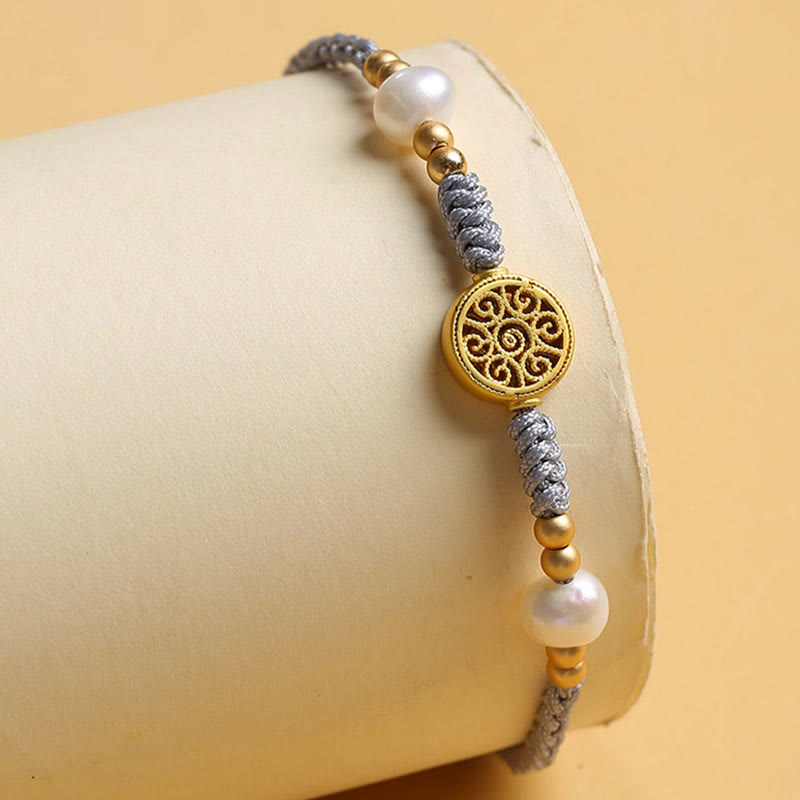 Copper Coin Tree of Life Bracelet with Pearl and Blue Rope