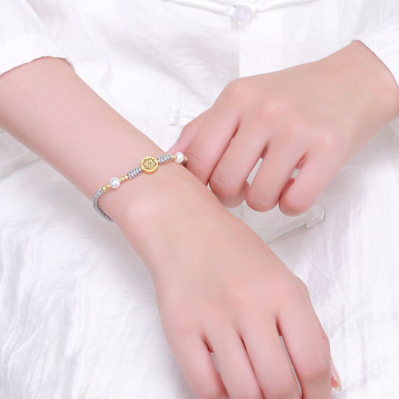 Copper Coin Tree of Life Bracelet with Pearl and Blue Rope