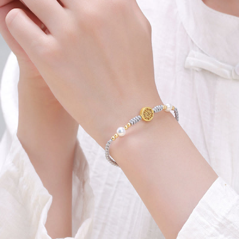 Copper Coin Tree of Life Bracelet with Pearl and Blue Rope