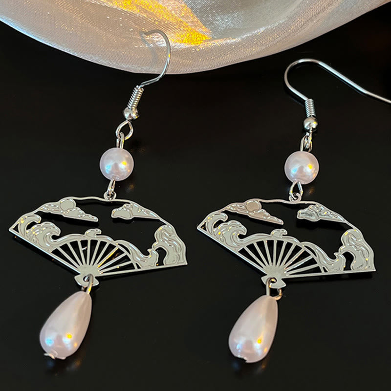 Copper Fan Pearl Drop Earrings | Prosperity & Protection