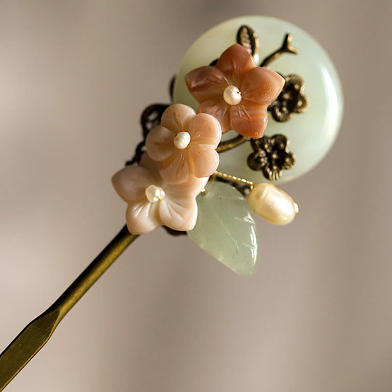Copper Jade Shell Flower Leaves Luck Hairpin | Chinese Hairpins