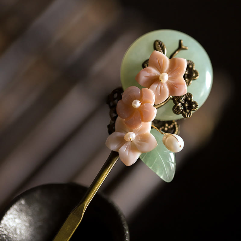 Copper Jade Shell Flower Leaves Luck Hairpin | Chinese Hairpins