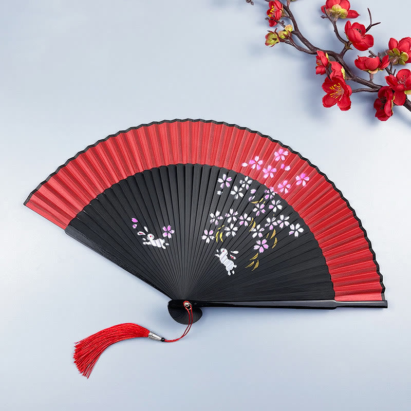 Cotton Linen Folding Fan with Bamboo and Rabbit Design
