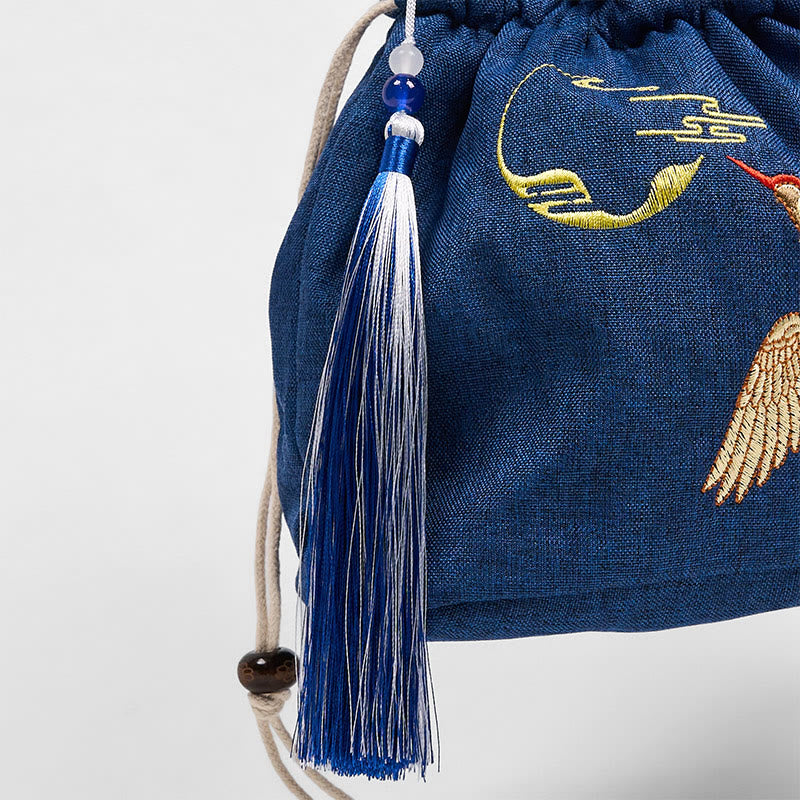 Cotton Linen Navy Blue Crane Spiritual Shoulder Bag