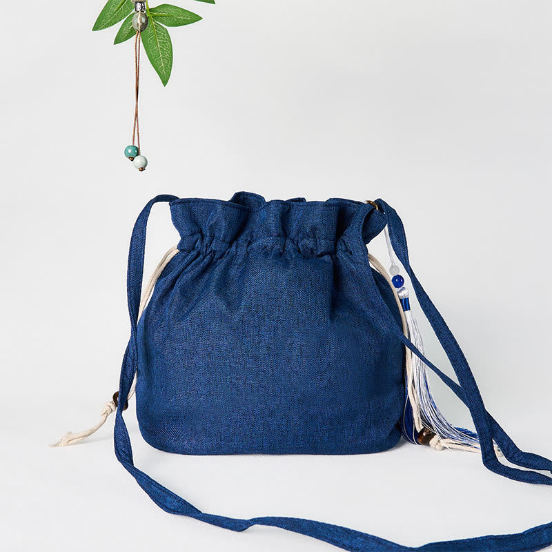 Cotton Linen Navy Blue Crane Spiritual Shoulder Bag