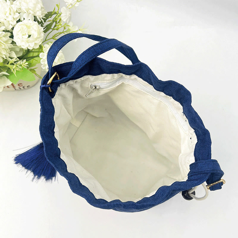 Cotton Linen Navy Blue Crane Spiritual Shoulder Bag
