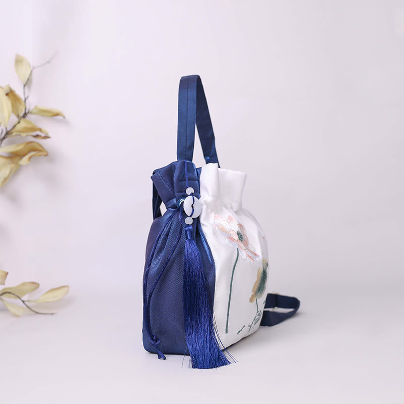 Cotton Linen Tote Bag with Lotus Koi Embroidery 20cm