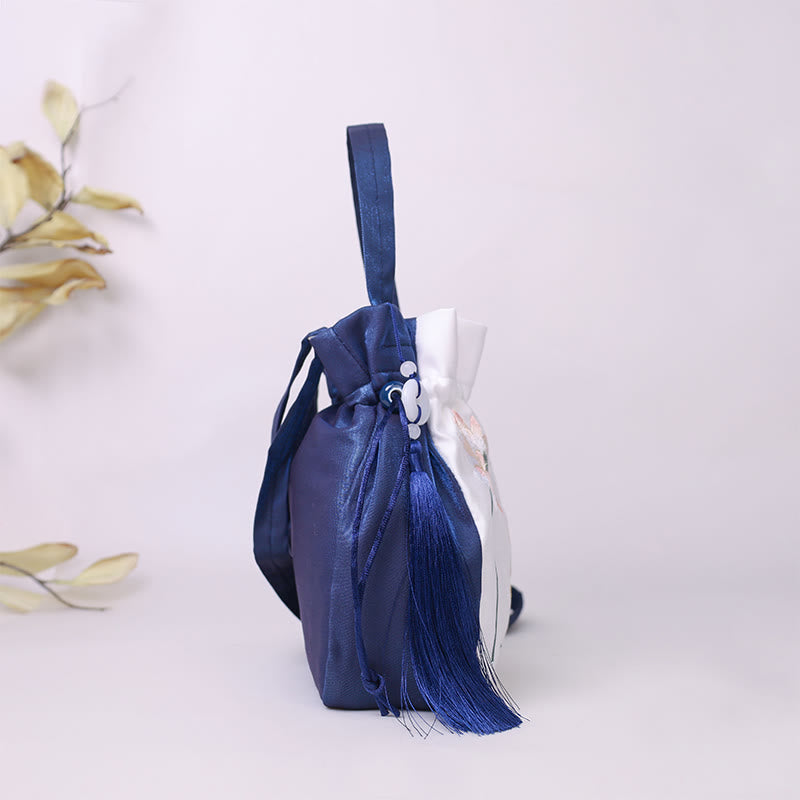 Cotton Linen Tote Bag with Lotus Koi Embroidery 20cm