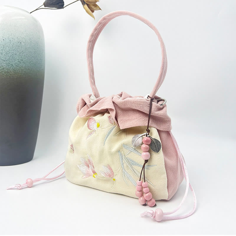 Cotton Linen Tote Bag with Spiritual Lotus Embroidery 20cm