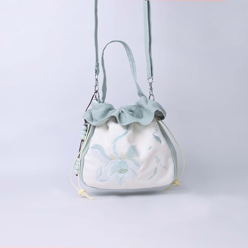 Cotton Linen Tote Bag with Spiritual Lotus Embroidery 20cm