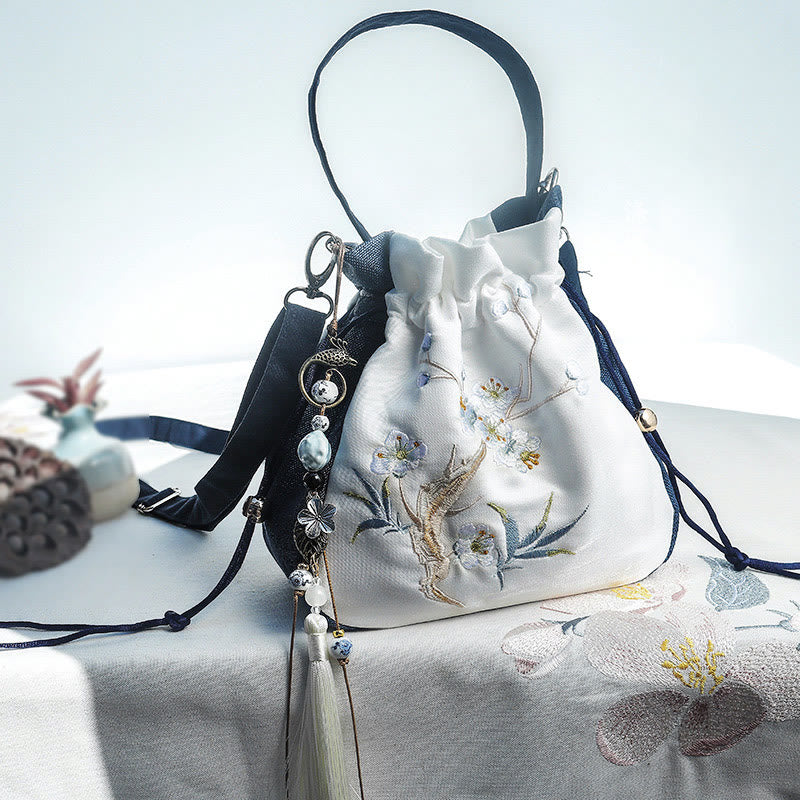 Cotton Linen Yoga Tote Bag with Magnolia Plum Blossom Design