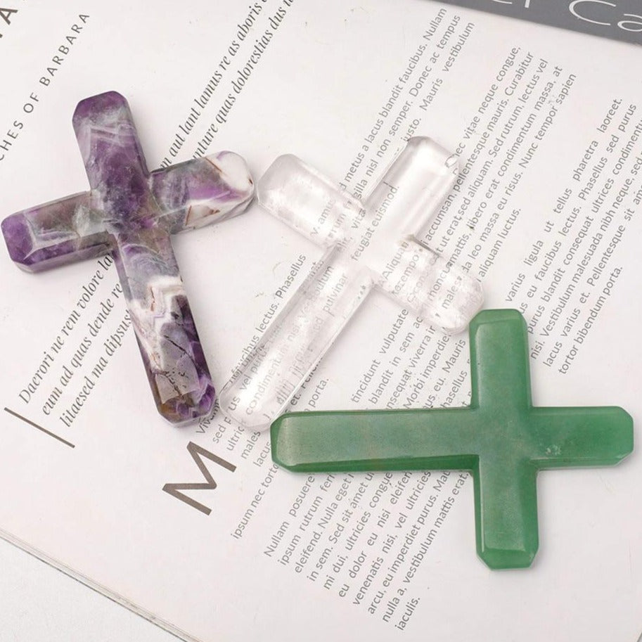 Crystal Cross Figurines 3.57in Hand-Carved Gemstones