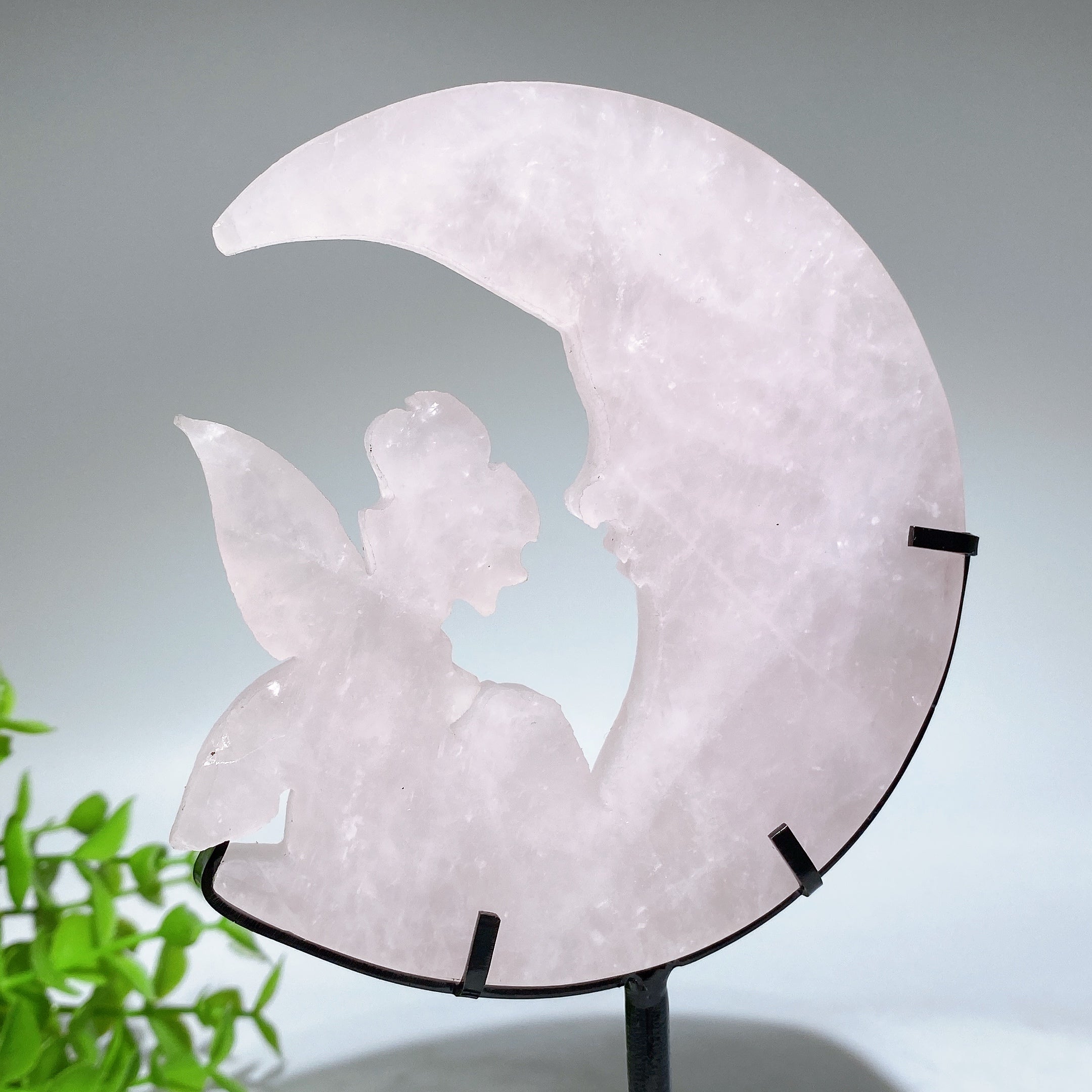 Crystal Fairy on Moon Carving Figurine 4in Healing