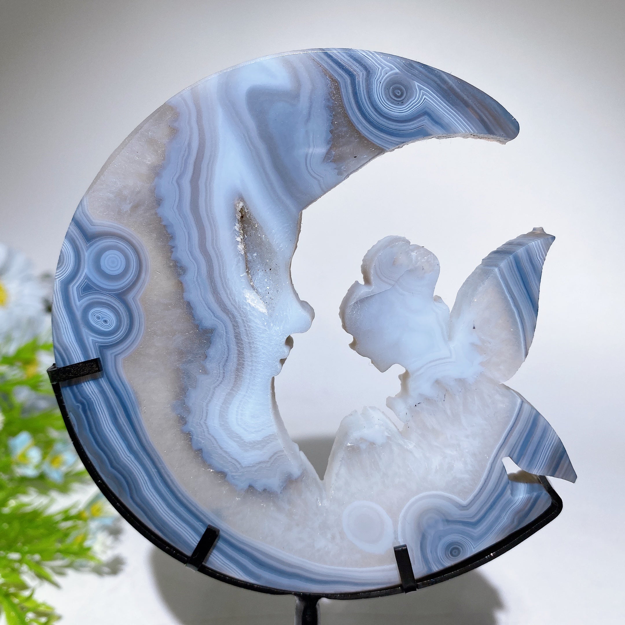 Crystal Fairy Moon Face Carving 18cm Display Stand