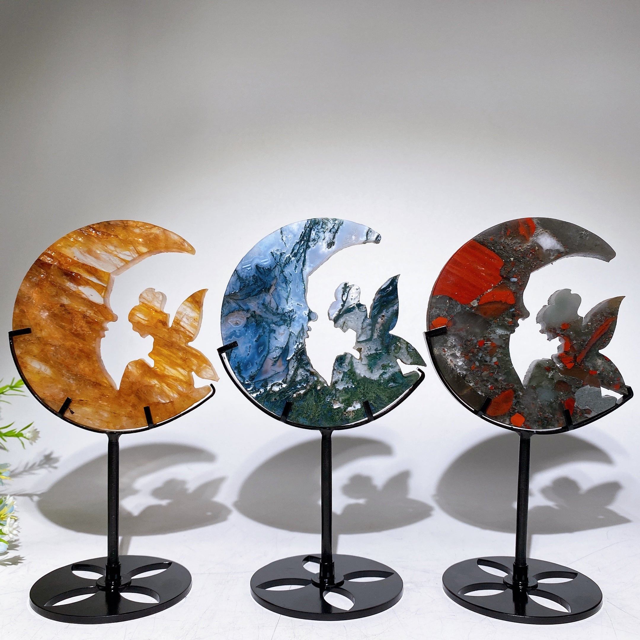 Crystal Fairy Moon Face Carving 18cm Display Stand