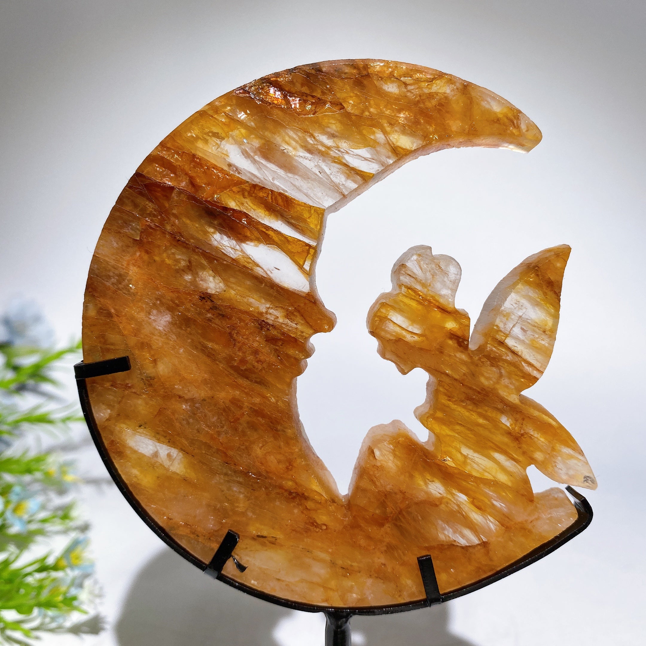 Crystal Fairy Moon Face Carving 18cm Display Stand