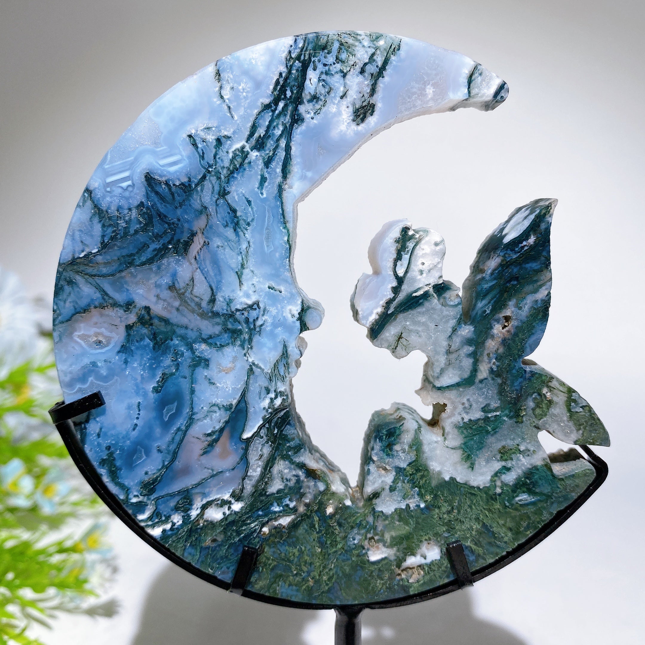 Crystal Fairy Moon Face Carving 18cm Display Stand