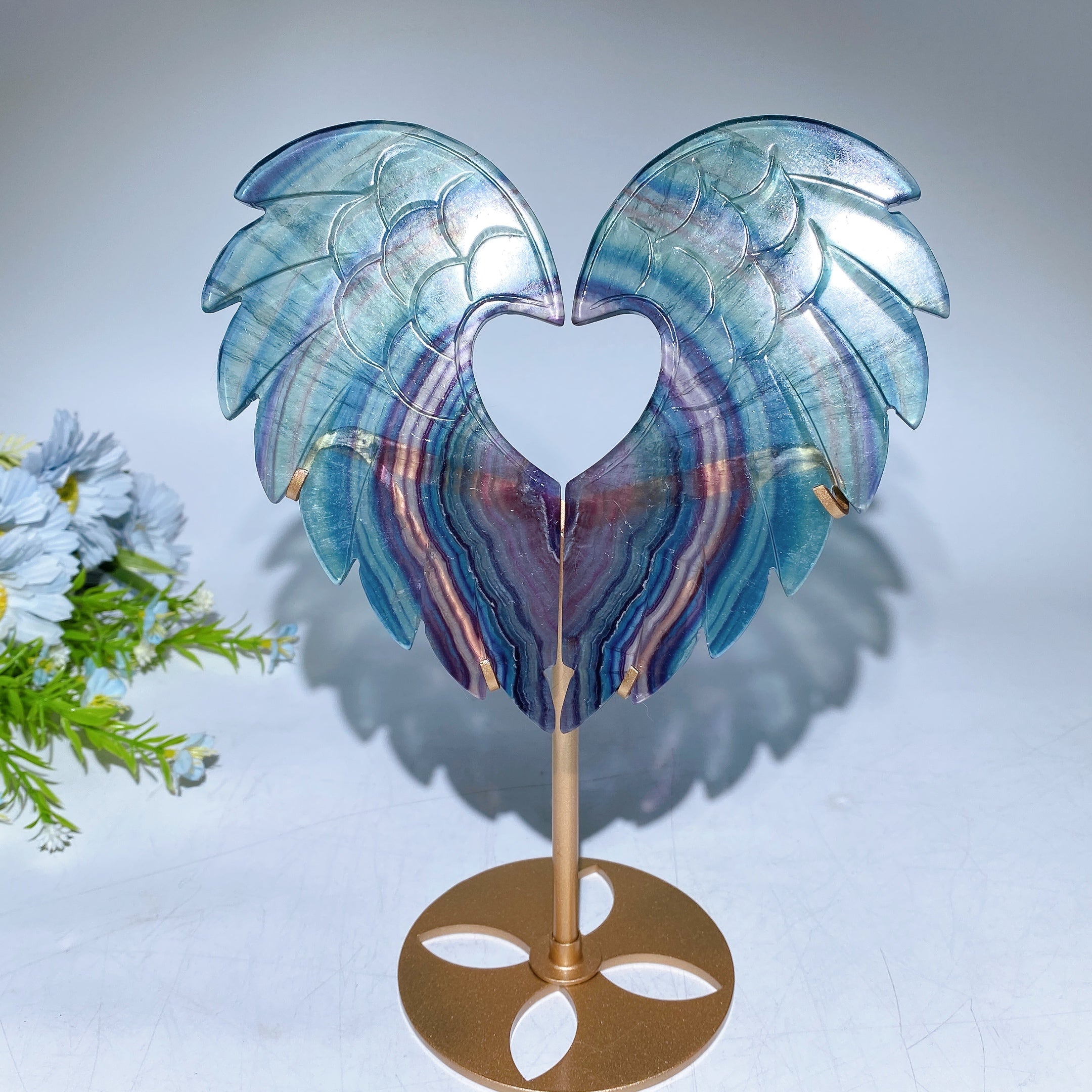 Crystal Heart Wings Gemstone Figurines with Stand 25cm