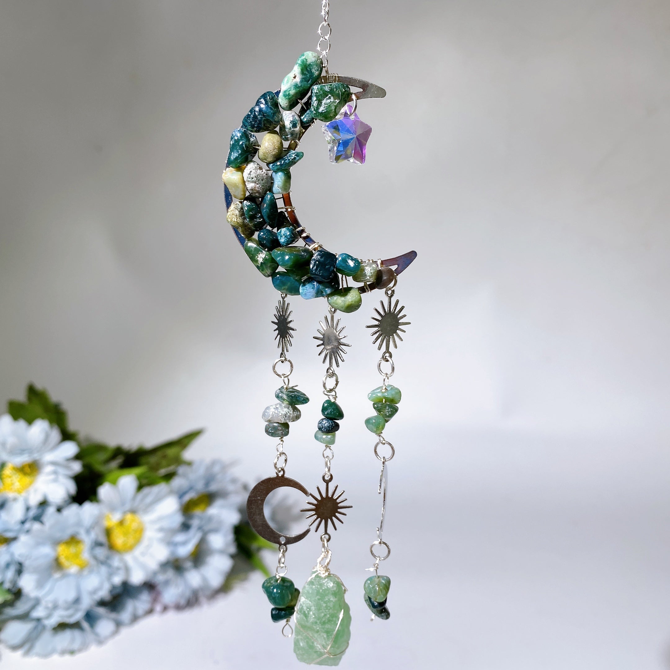 Crystal Moon Shape Suncatcher with Healing Chips 25-28cm