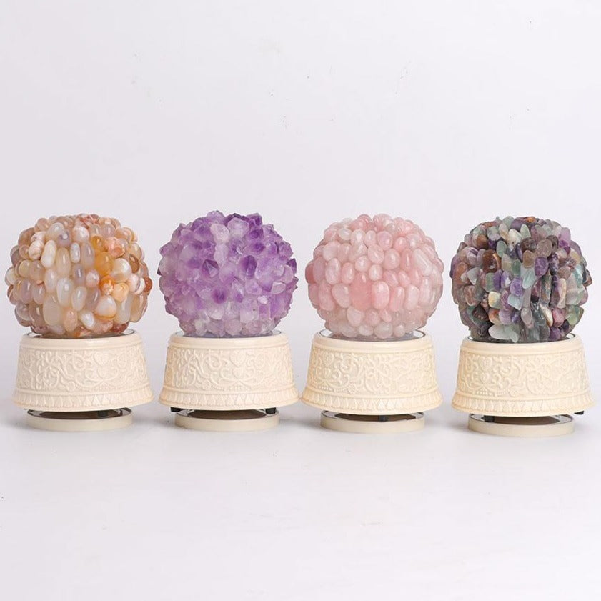 Crystal Music Box with Natural Gemstone Specimens - Amethyst, Rose Quartz, Fluorite, Flower Agate