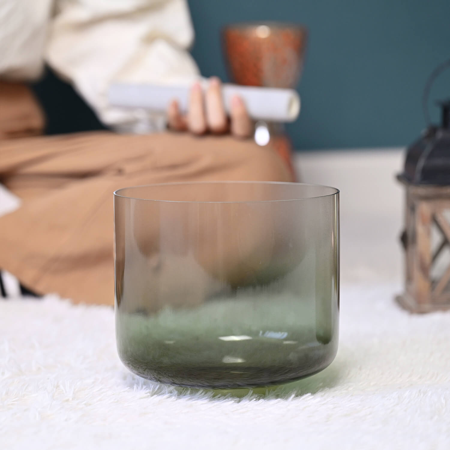 Smoky green glass tumbler with a cylindrical shape for Crystal Quartz Singing Bowl