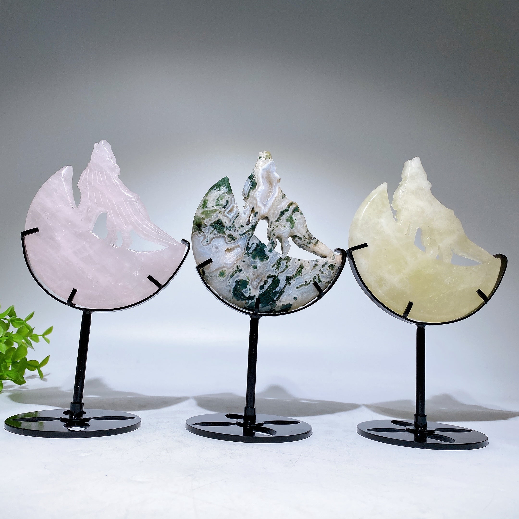 Crystal Wolf Carving on Moon Crystal Statue 4.2in