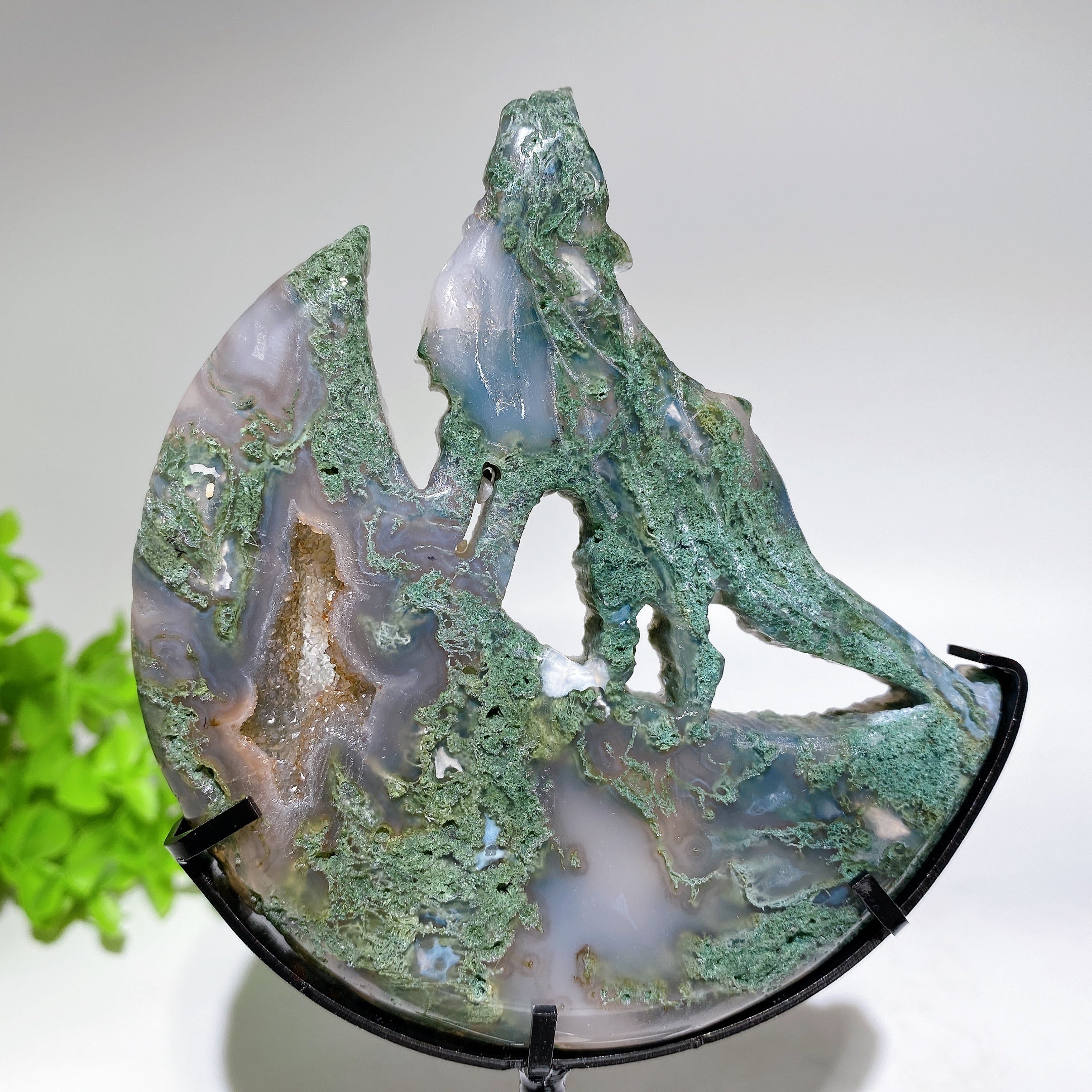 Crystal Wolf Carving on Moon Crystal Statue 4.2in