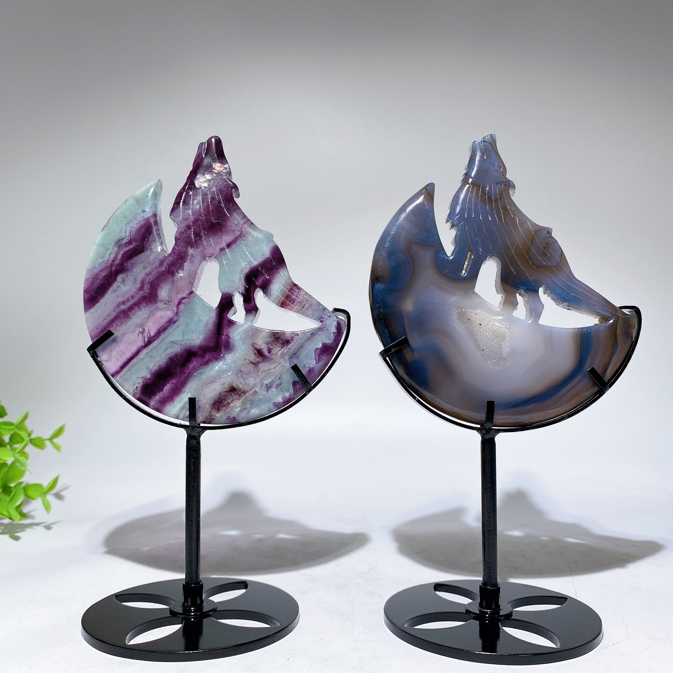 Crystal Wolf Carving on Moon Crystal Statue 4.2in