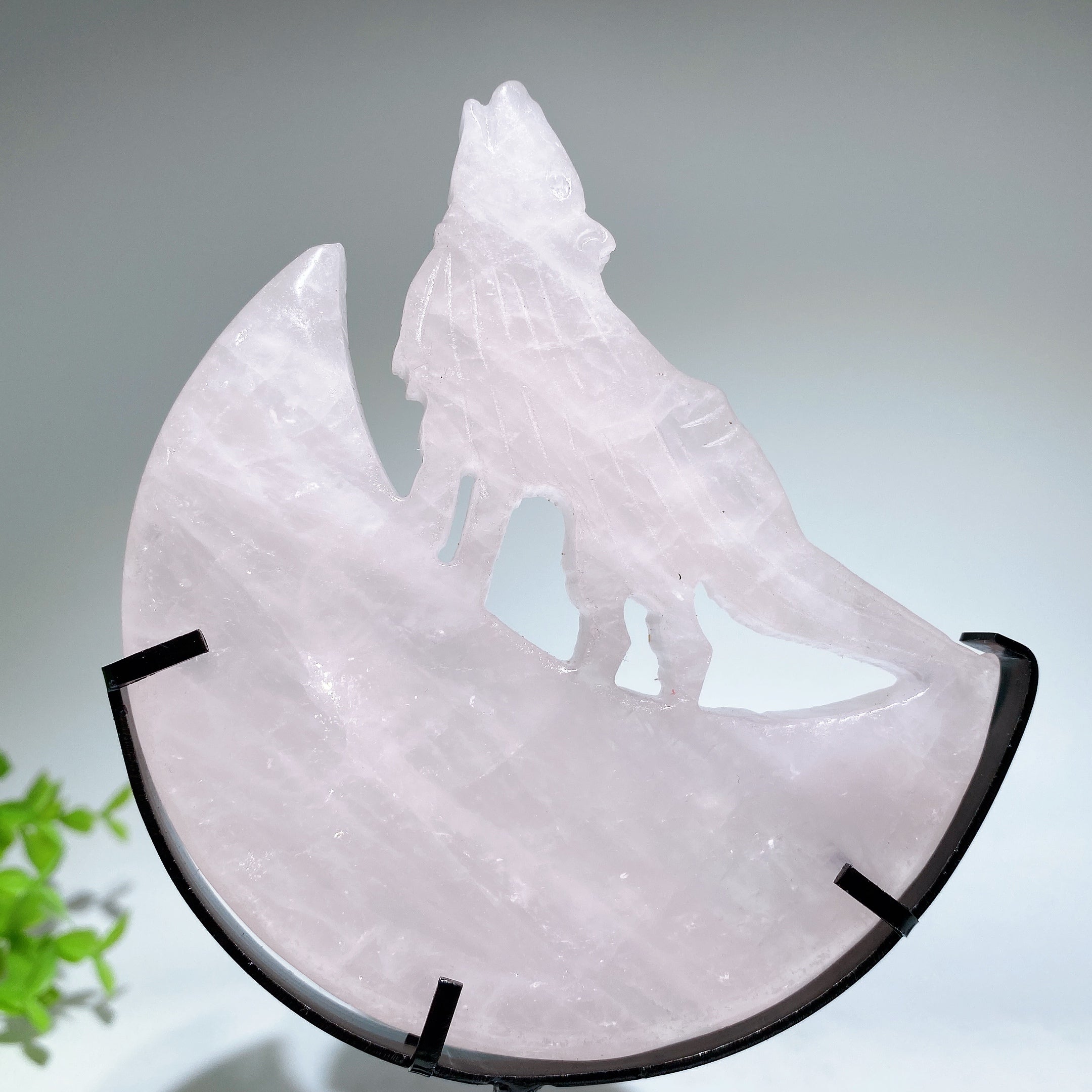 Crystal Wolf Carving on Moon Crystal Statue 4.2in