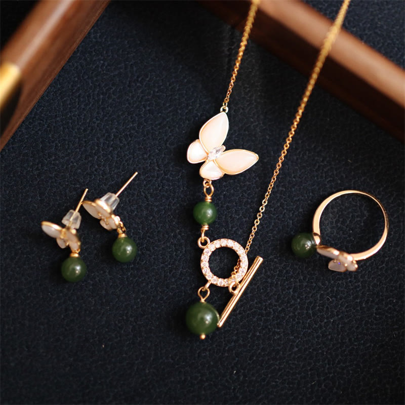 Cyan Jade Butterfly Healing Necklace Ring Earrings Set