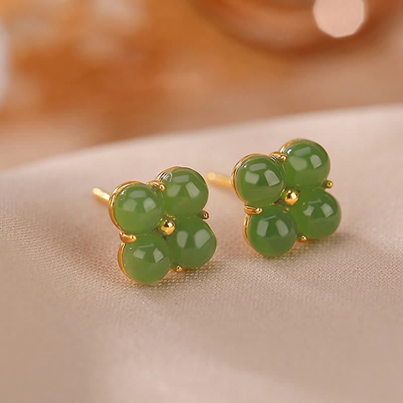 Cyan Jade Four Leaf Clover 8mm Stud Earrings for Luck & Healing