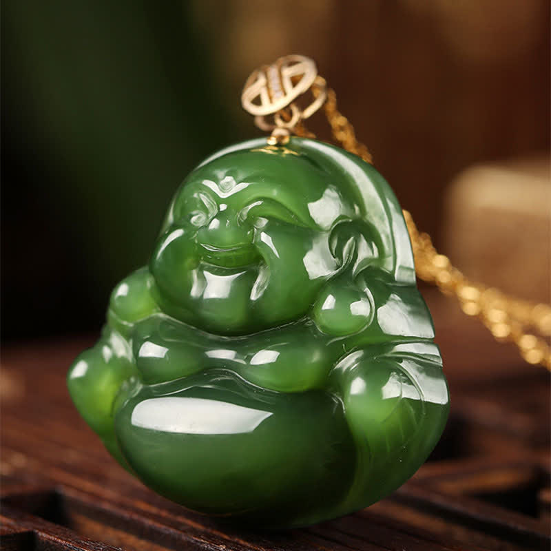 Cyan Jade Laughing Buddha Success Pendant | 925 Silver & 18K Gold