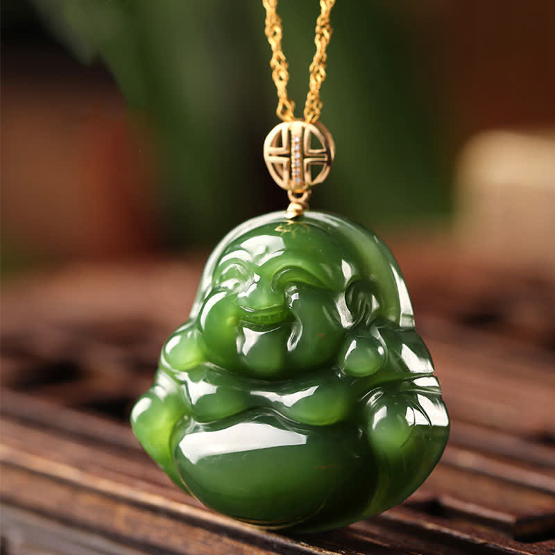Cyan Jade Laughing Buddha Success Pendant | 925 Silver & 18K Gold