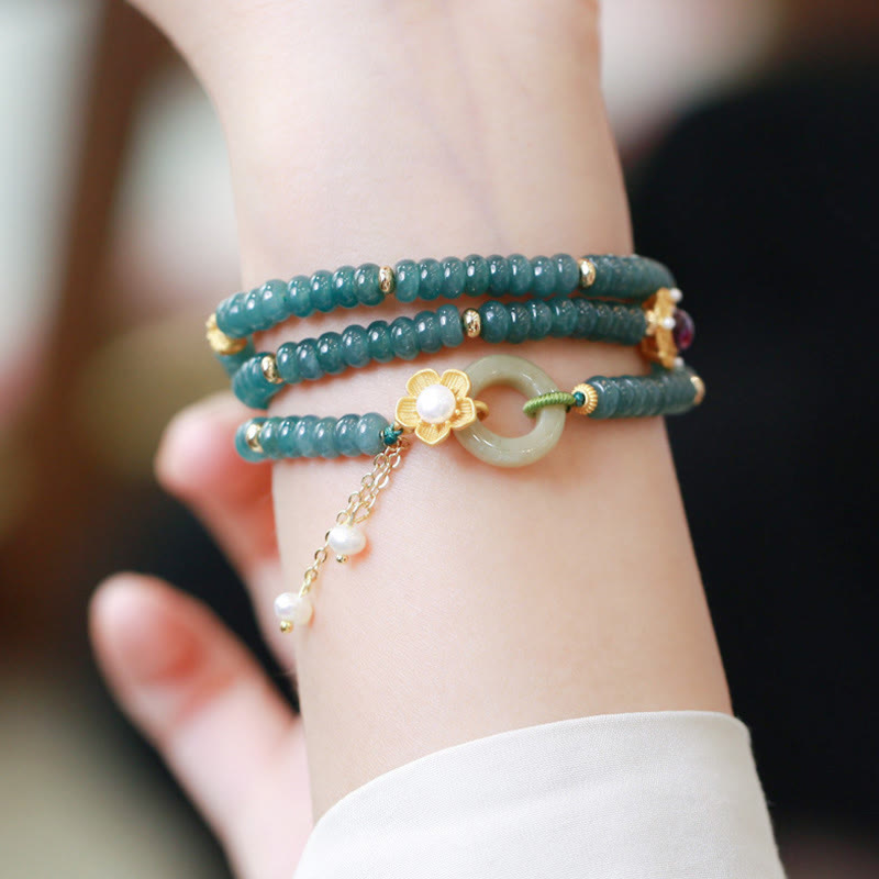 Cyan Jade Success Triple Wrap Bracelet with Silver Peace Buckle