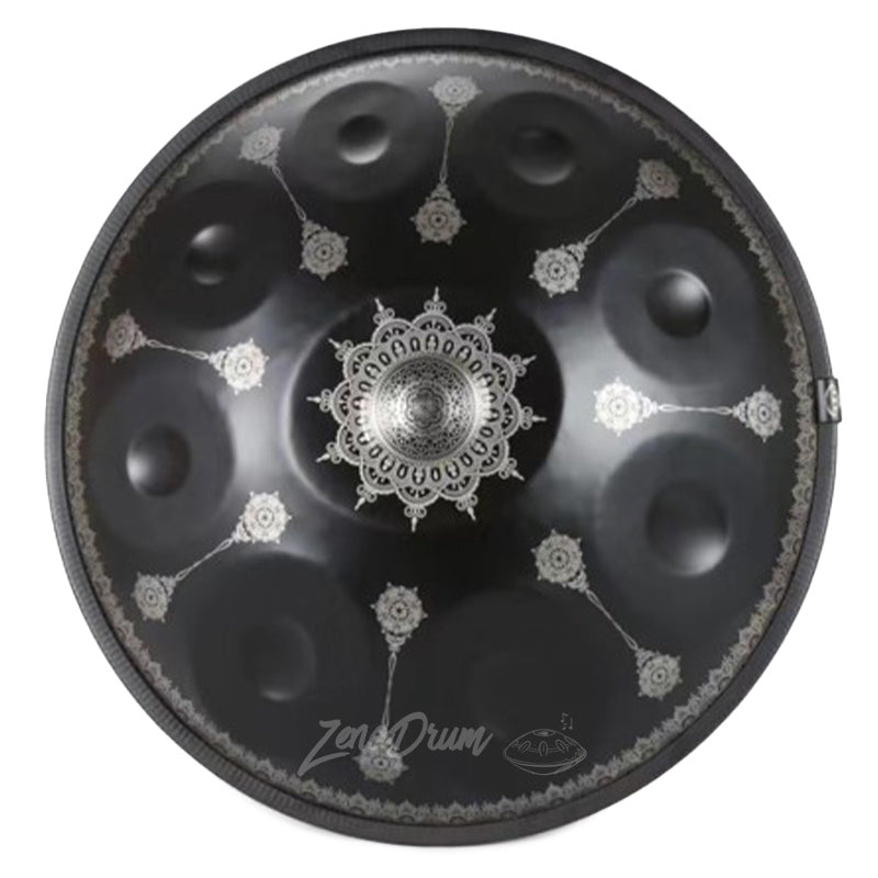 Black D Minor Kurd Handpan Drum with intricate white mandala designs for sale